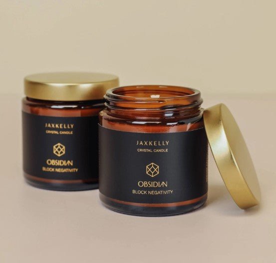 Clear Crystal Candle with Obsidian crystal and coconut sandalwood scent by JaxKelly