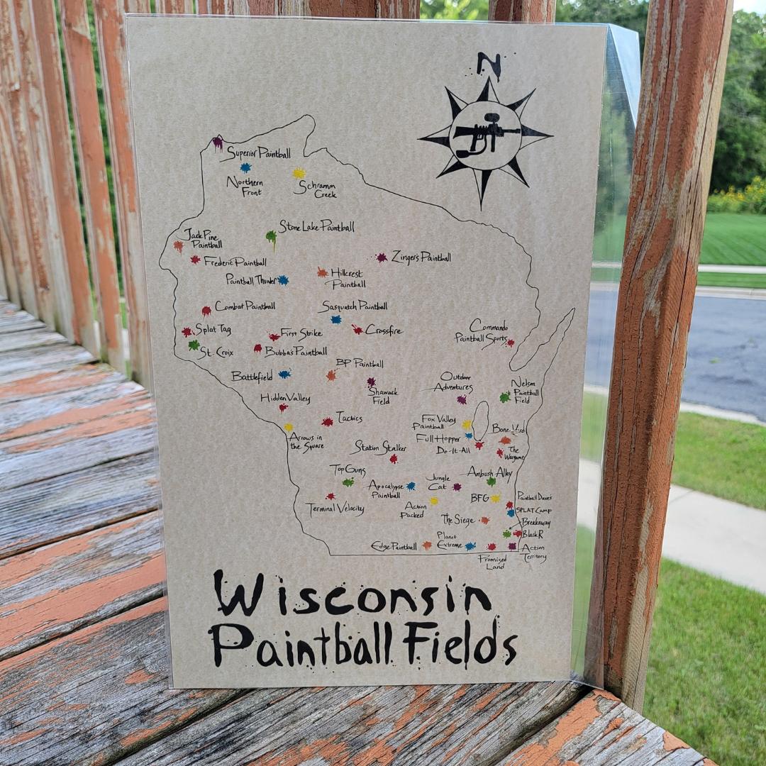 Wisconsin Paintball Fields Map by Wisconsin local artist