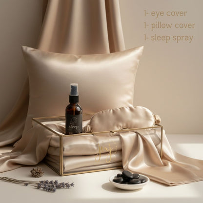 Elegant Restful Sleep Kit featuring a silk pillowcase, silk eye cover, and calming pillow spray for corporate or personal gifting