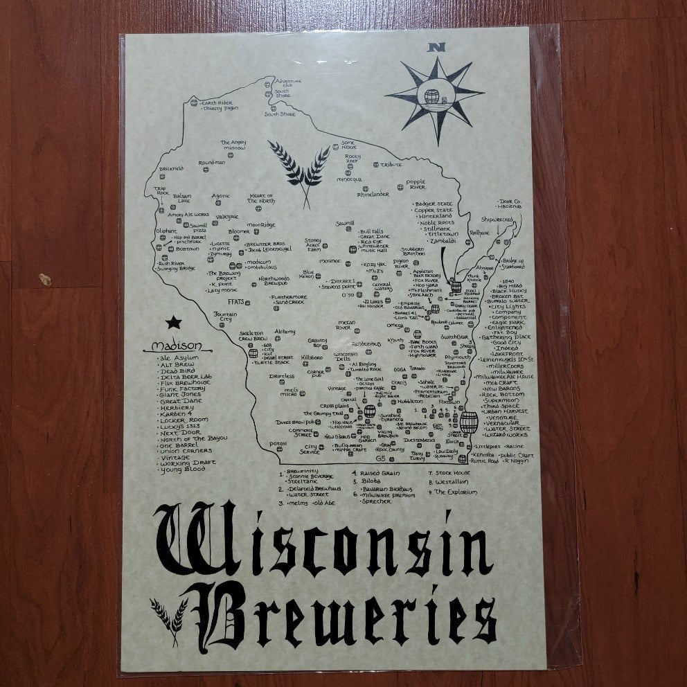 Wisconsin Breweries Map - Hand Drawn