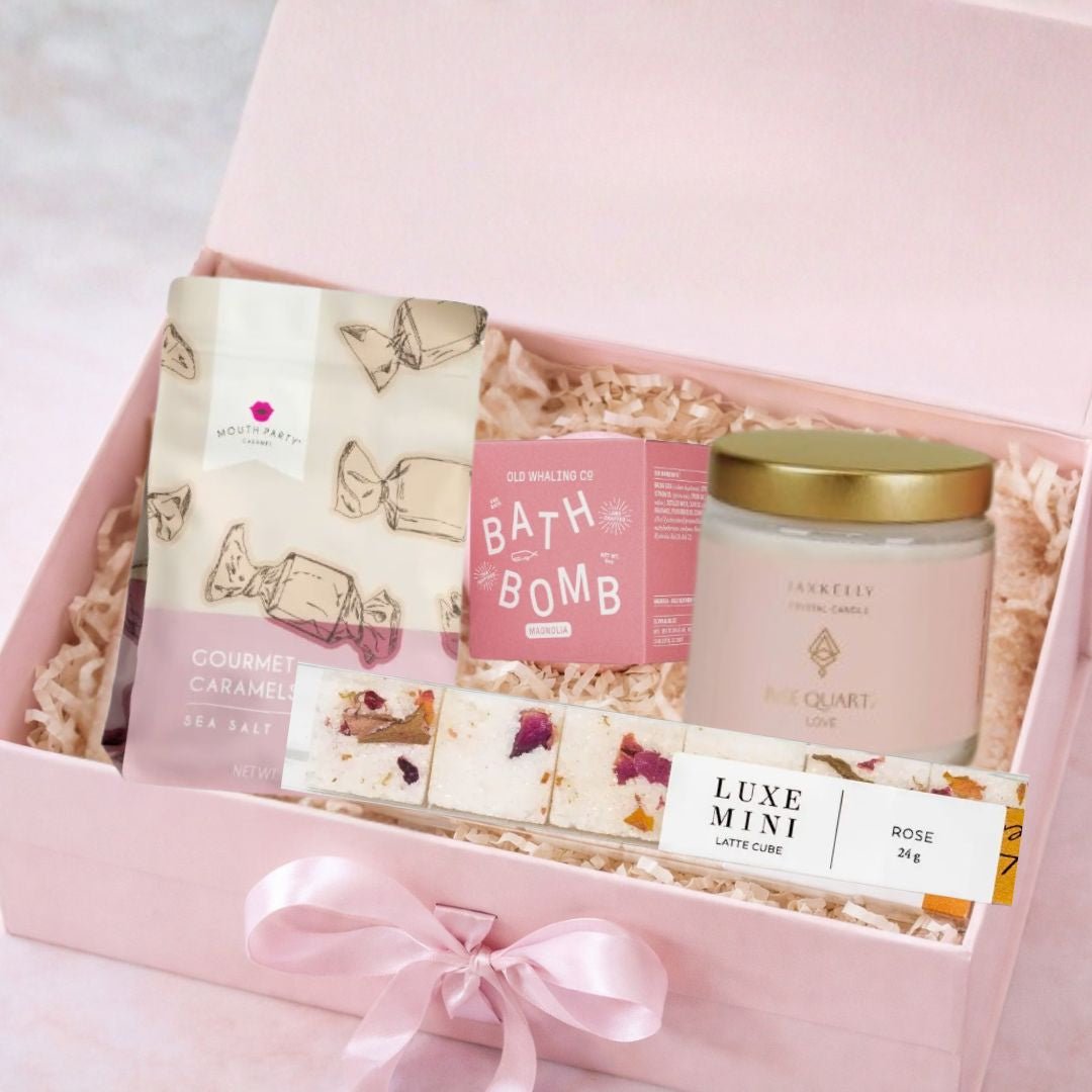 celebrate gift basket with bath bomb, candle, candle and sugar cubes