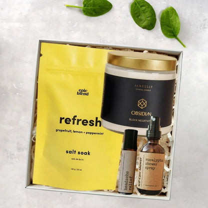 The Wellness Package with candle, bath salt, essential oil rollon, shower spray