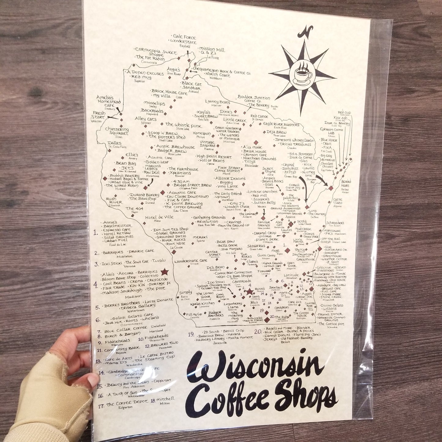 Wisconsin Coffee Shops Hand Drawn Map