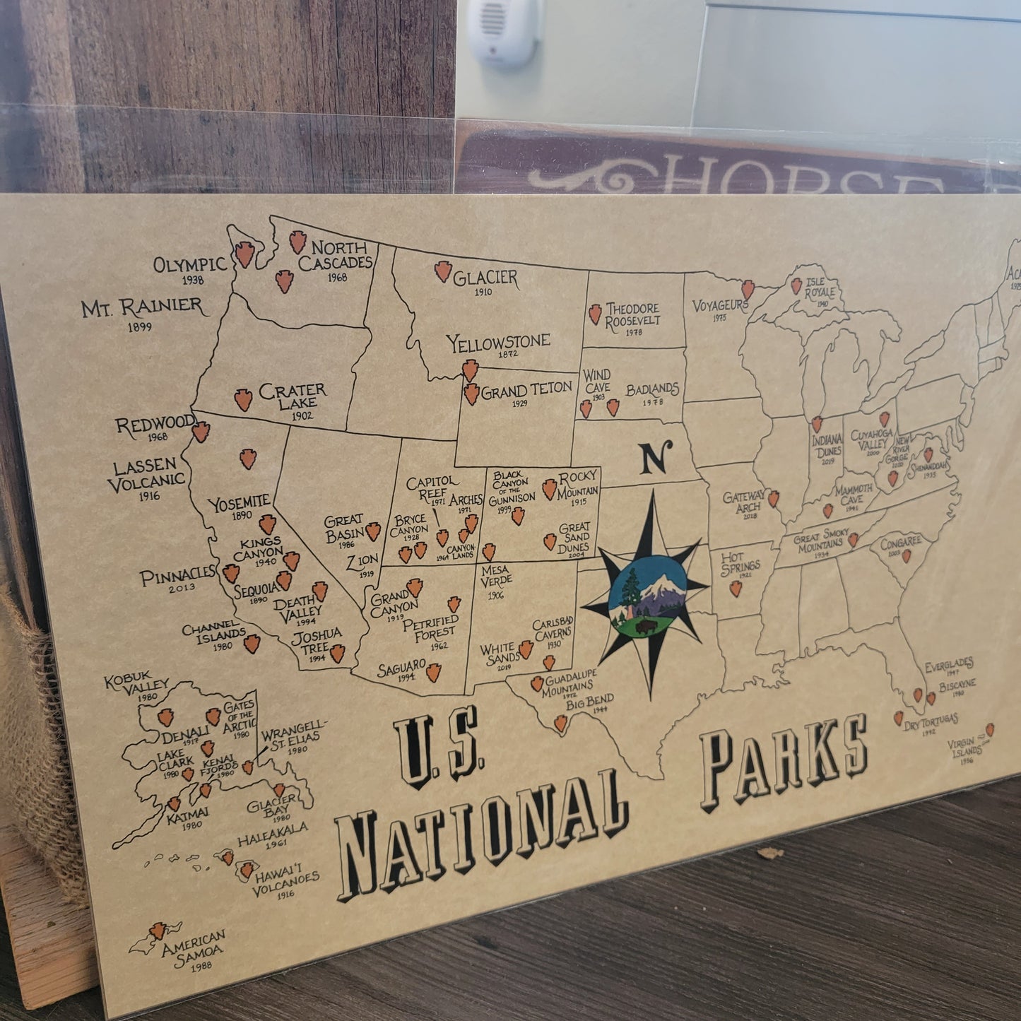 Hand drawn map of national parks in the USA