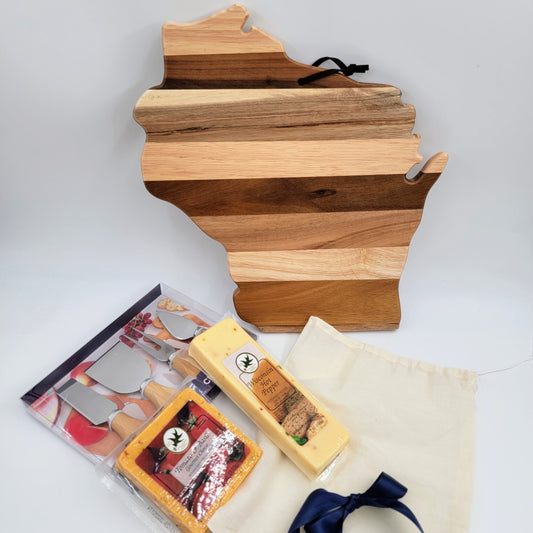 Wisconsin shaped wood board cheese knife gift set