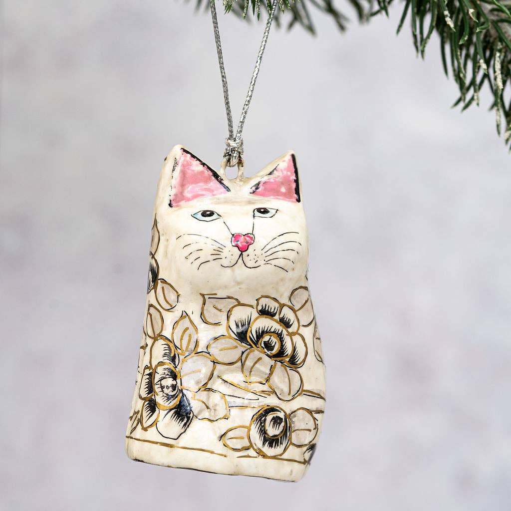 Grey Floral Hanging Cat Ornament