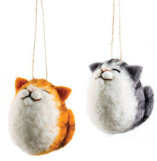 Felt cat ornaments with molded faces.