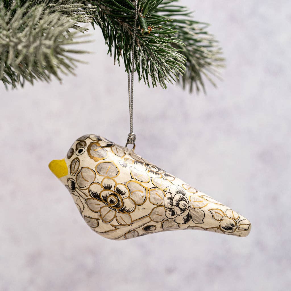 Grey Floral Hanging Bird Ornament